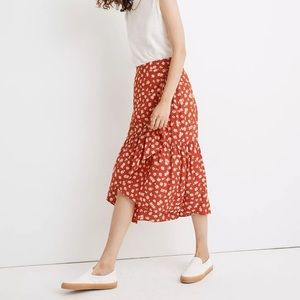 Madewell Ruffle-Wrap Midi Skirt Lined Happy Hibiscus Floral Orange 6